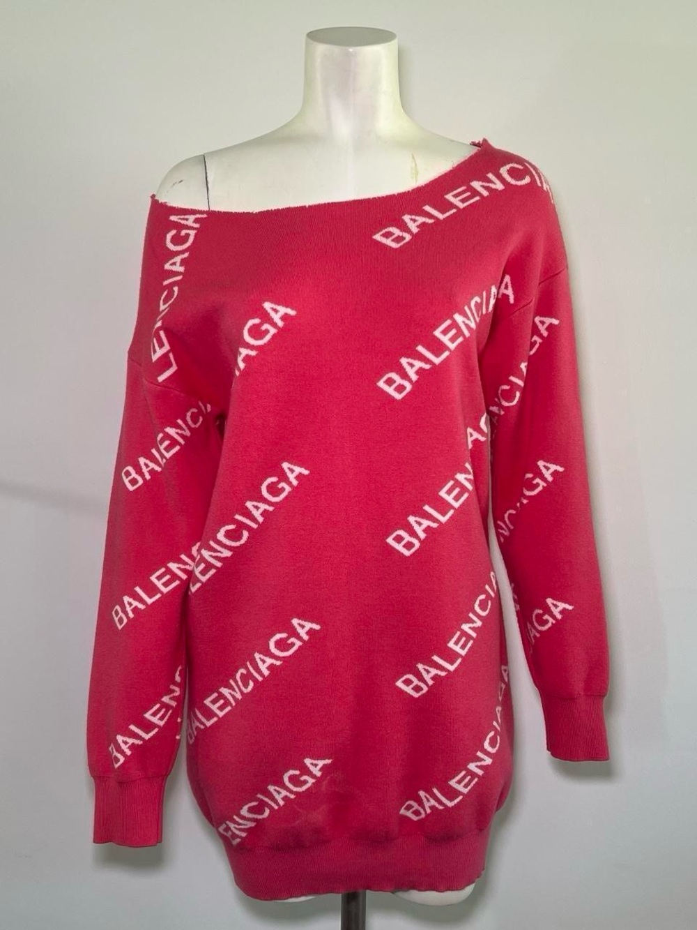 Balenciaga Pink Off-Shoulder Monogram Knit Sweater